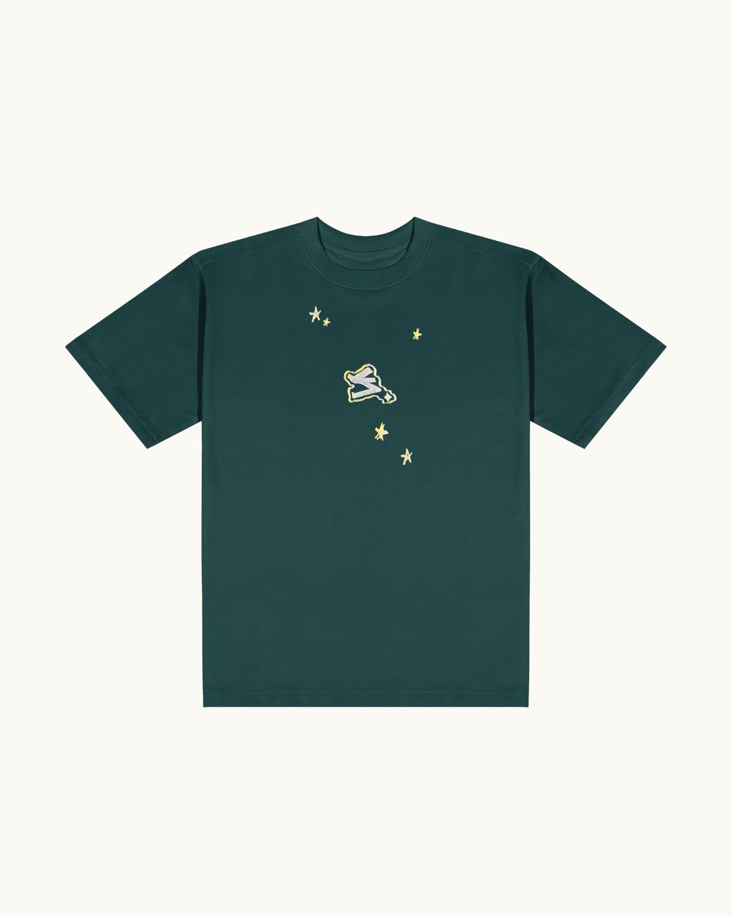 SHINING THROUGH THE STREETS EMBROIDERED BOTTLE GREEN T-SHIRT
