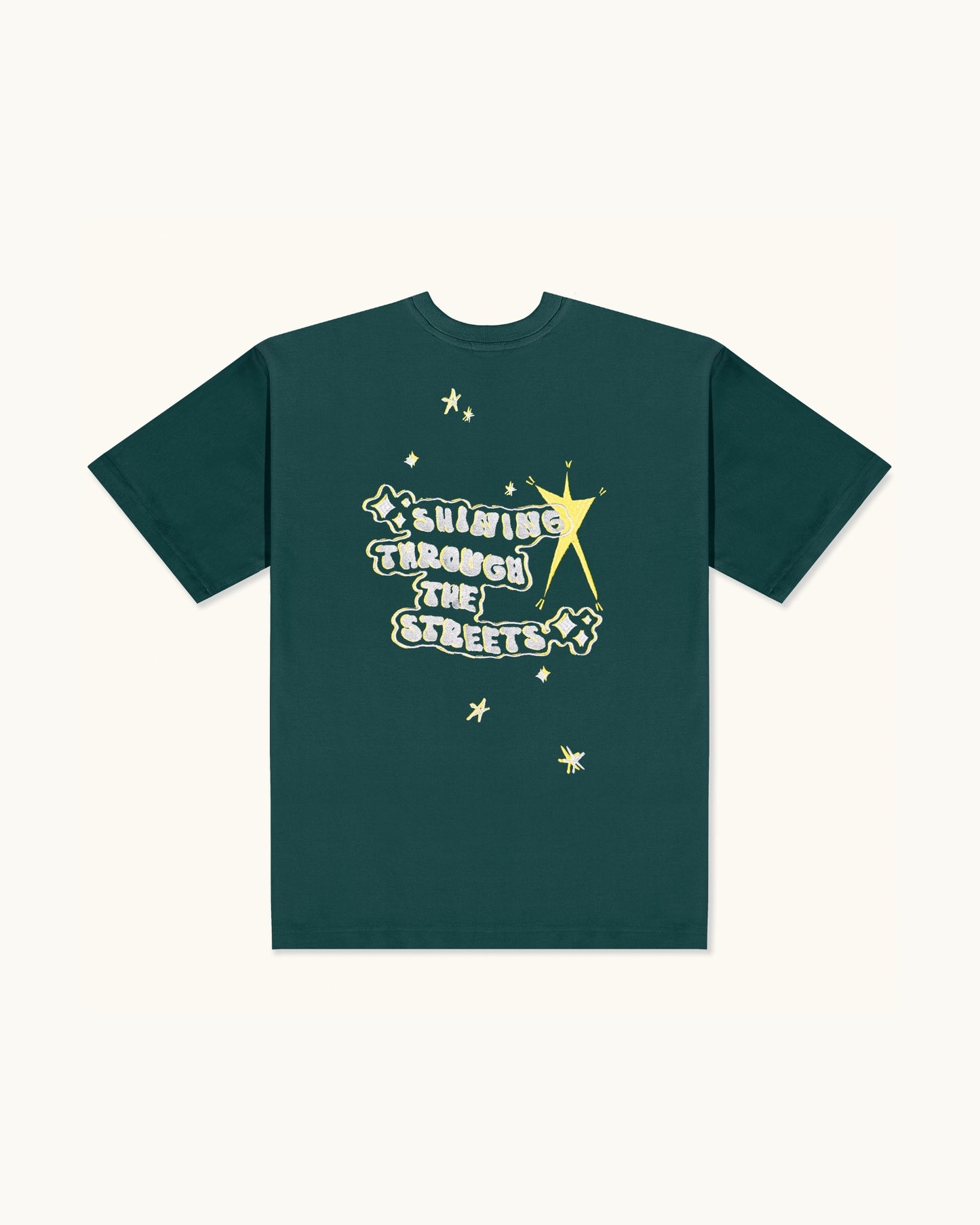 SHINING THROUGH THE STREETS EMBROIDERED BOTTLE GREEN T-SHIRT