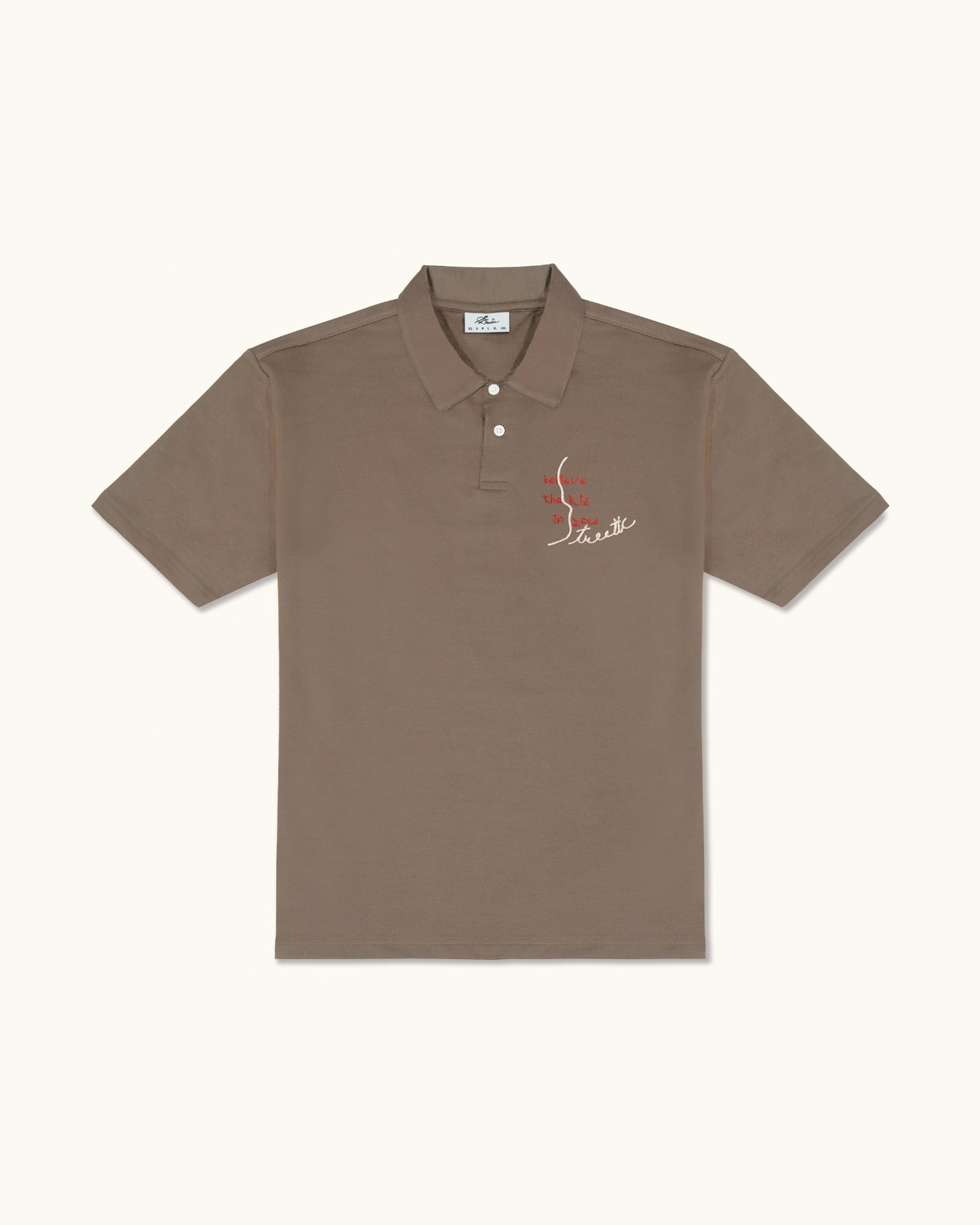 BELIEVE THE KID IN YOU EMBROIDERED KHAKI POLO
