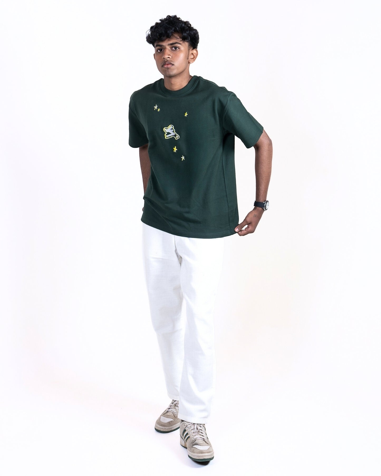 SHINING THROUGH THE STREETS EMBROIDERED BOTTLE GREEN T-SHIRT