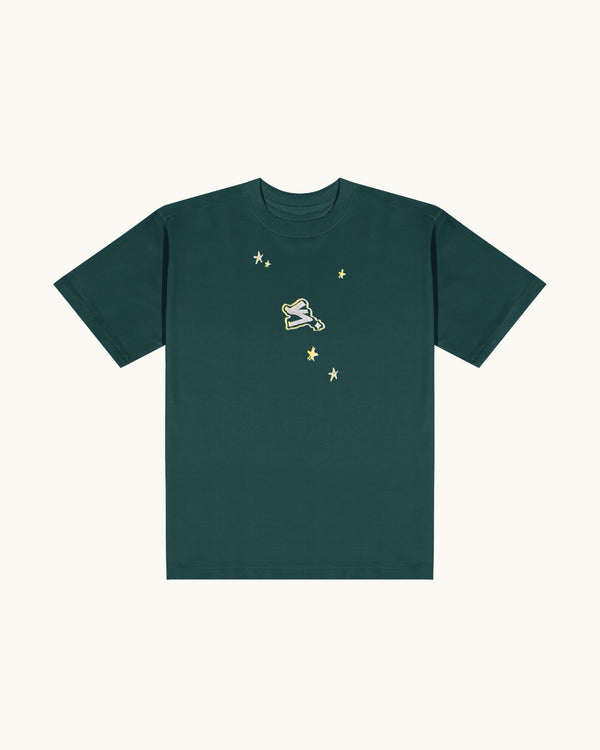 SHINING THROUGH THE STREETS EMBROIDERED BOTTLE GREEN T-SHIRT