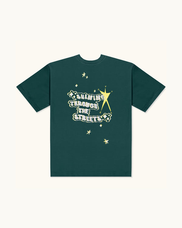 SHINING THROUGH THE STREETS EMBROIDERED BOTTLE GREEN T-SHIRT