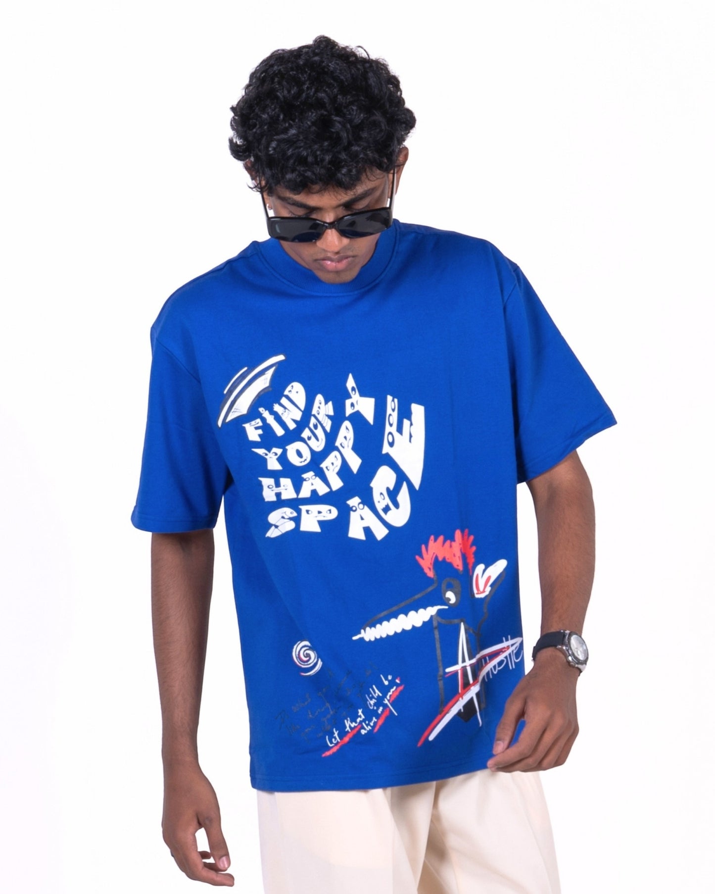 FIND YOUR HAPPY SPACE SCREEN PRINTED ROYAL BLUE T-SHIRT