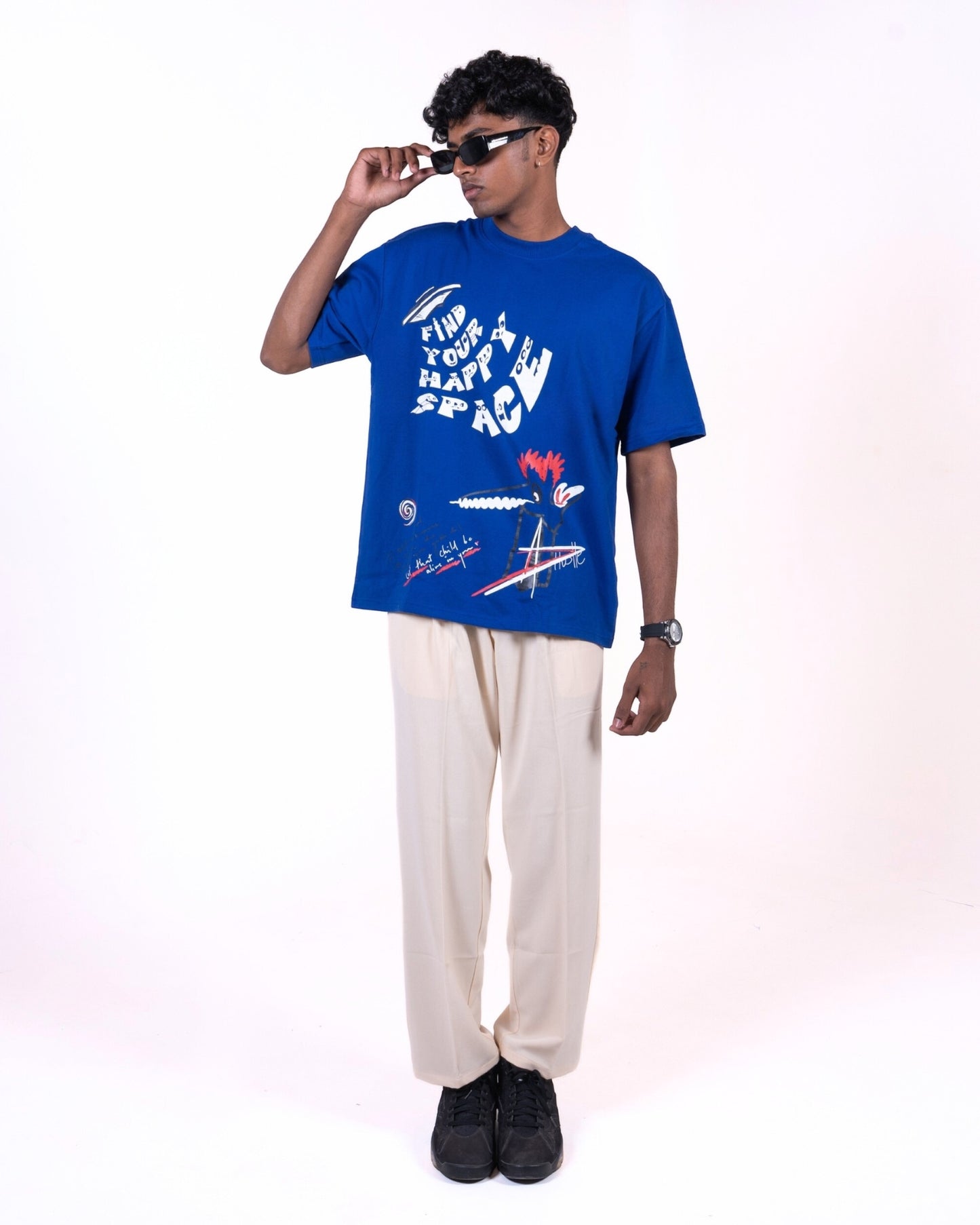 FIND YOUR HAPPY SPACE SCREEN PRINTED ROYAL BLUE T-SHIRT