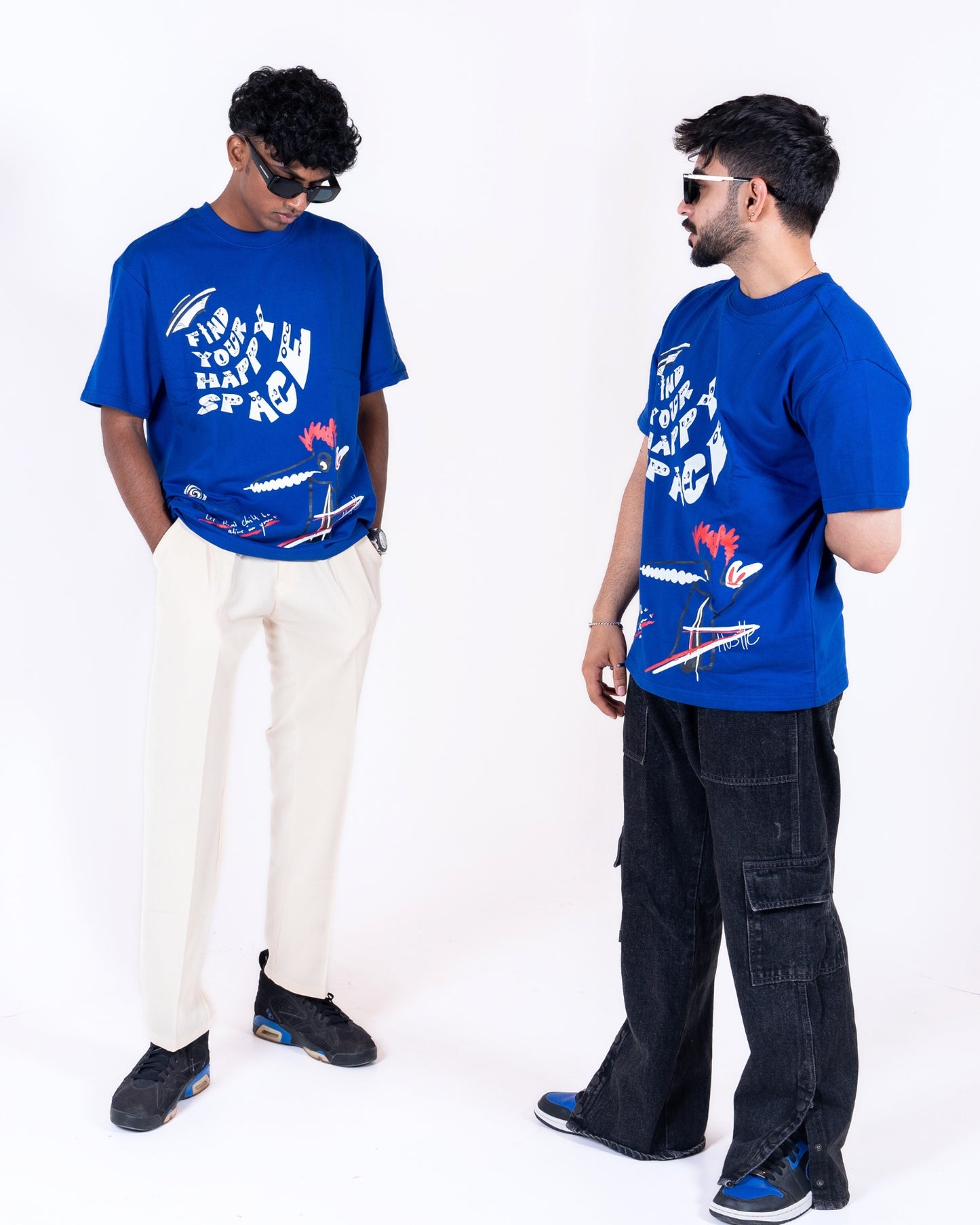 FIND YOUR HAPPY SPACE SCREEN PRINTED ROYAL BLUE T-SHIRT